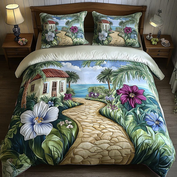 Tropical Getaway quilted 3-piece bedding set on a made bed in a light coastal bedroom