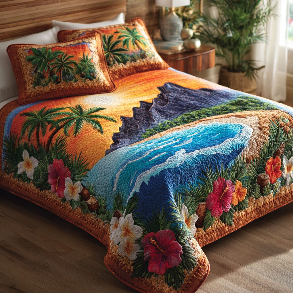 Tropical Glow quilted 3-piece bedding set on a made bed in a light coastal bedroom
