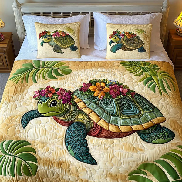 Tropical Glow quilted 3-piece bedding set on a made bed in a light coastal bedroom