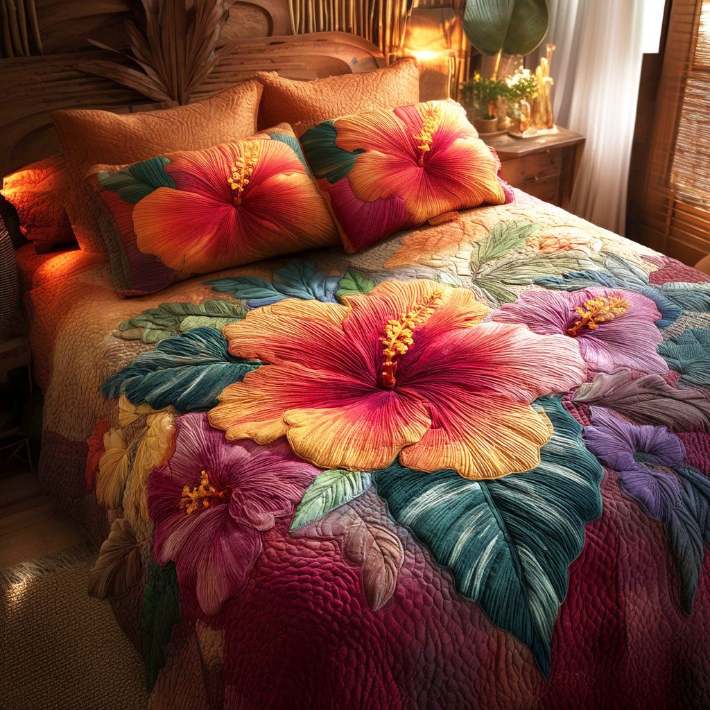 Tropical Glow quilted 3-piece bedding set on a made bed in a light coastal bedroom