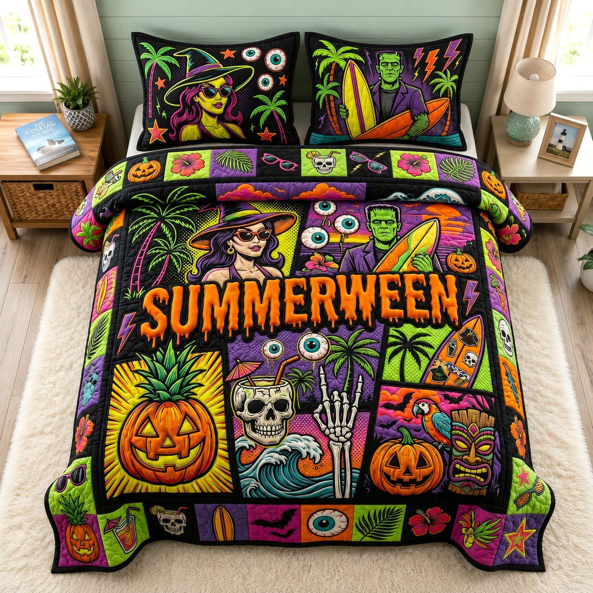 Tropical Haunt quilted 3-piece bedding set on a made bed in a light coastal bedroom