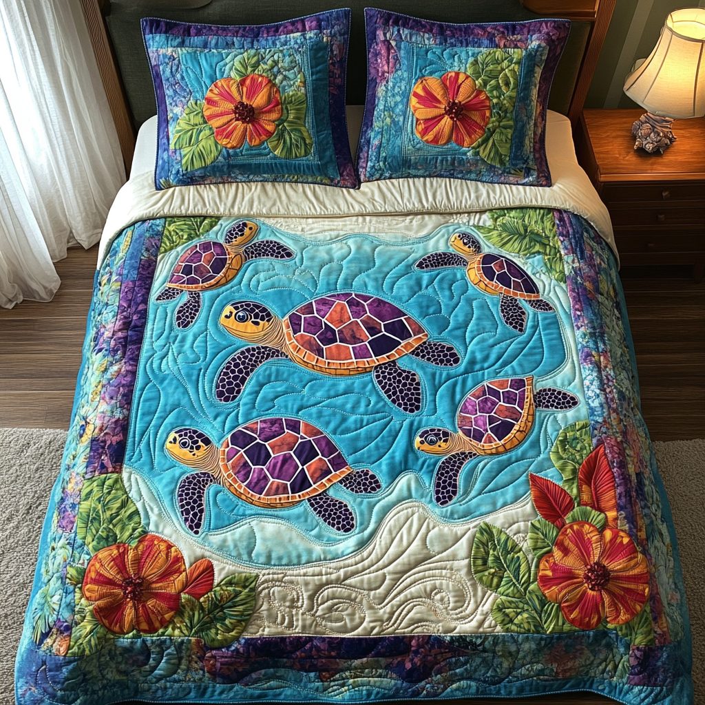 Tropical Haven quilted 3-piece bedding set on a made bed in a light coastal bedroom