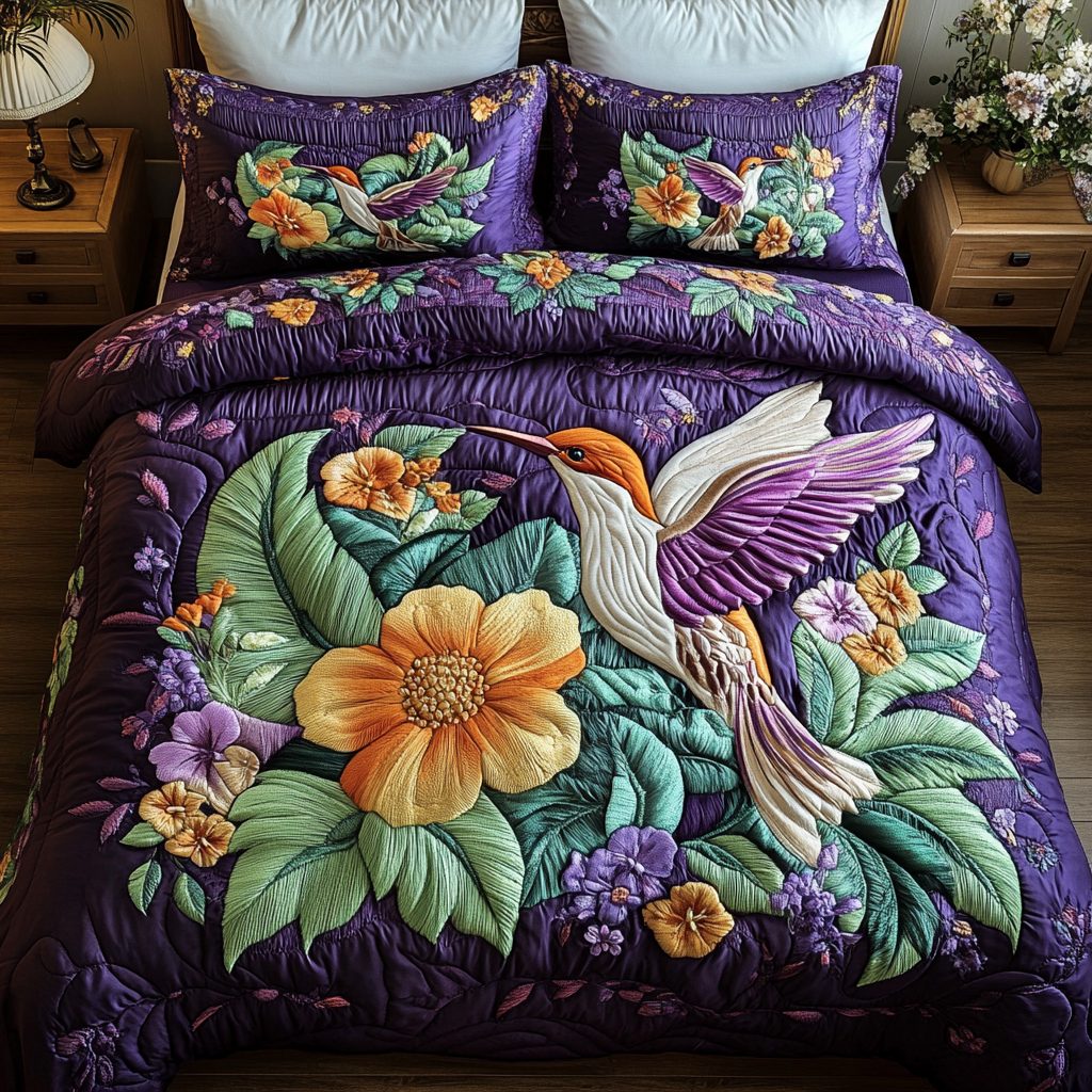 Tropical Haven quilted 3-piece bedding set on a made bed in a light coastal bedroom