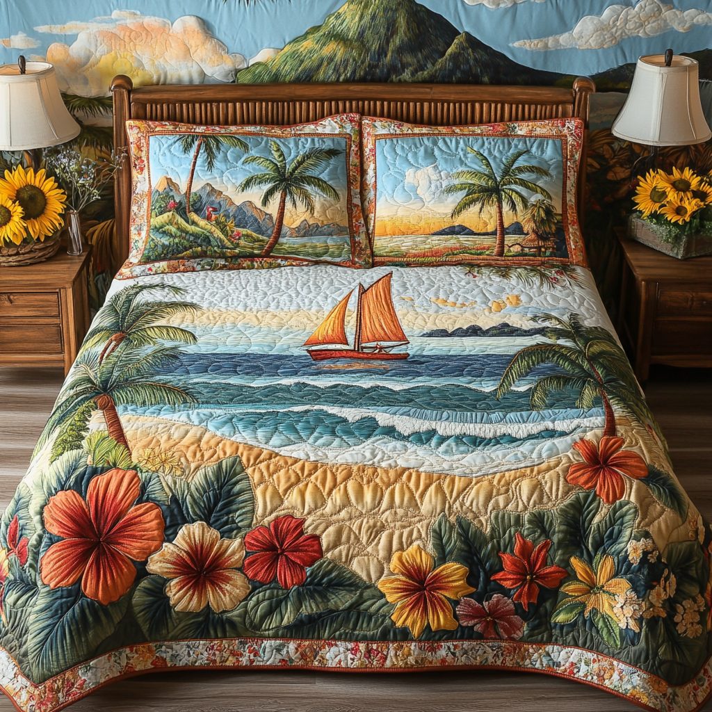 Tropical Haven quilted 3-piece bedding set on a made bed in a light coastal bedroom