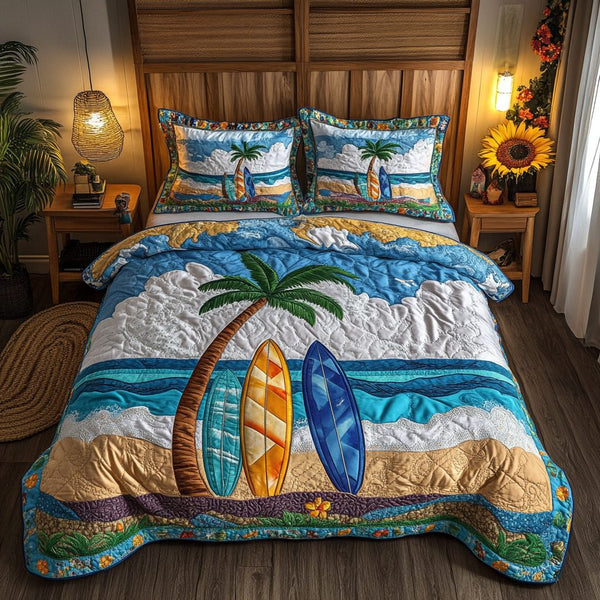 Tropical Haven quilted 3-piece bedding set on a made bed in a light coastal bedroom