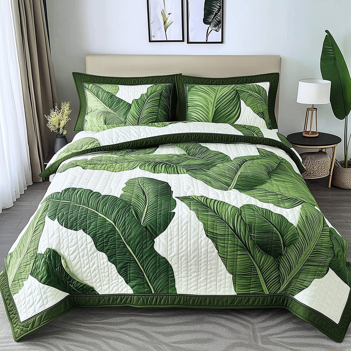 Tropical Heaven quilted 3-piece bedding set on a made bed in a softly lit bedroom