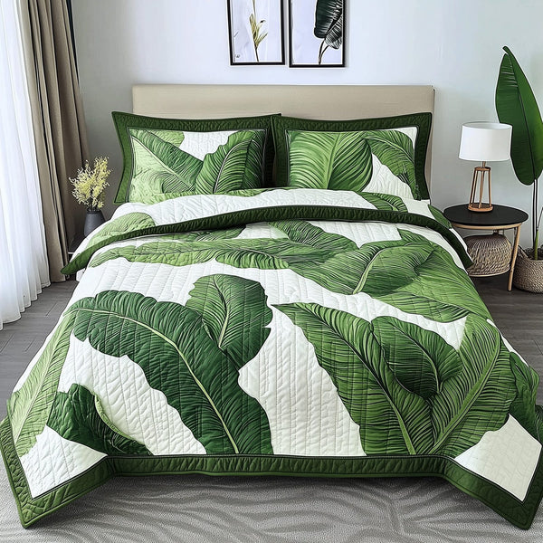 Tropical Heaven quilted 3-piece bedding set on a made bed in a softly lit bedroom