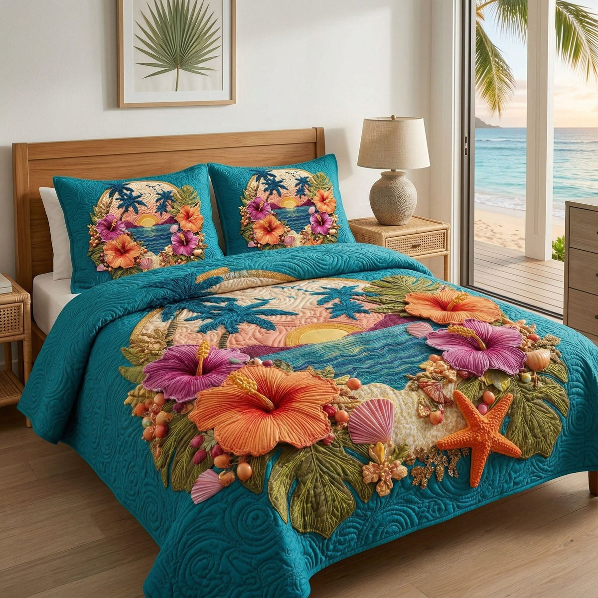 Tropical Hibiscus quilted 3-piece bedding set on a made bed in a light coastal bedroom
