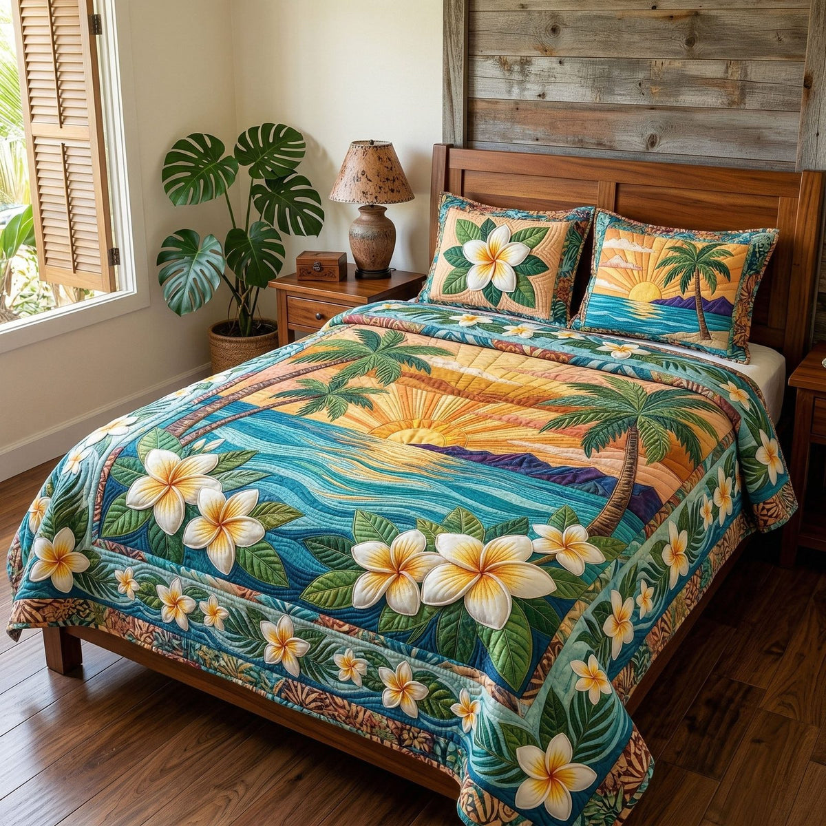 Tropical Horizon quilted 3-piece bedding set on a made bed in a light coastal bedroom