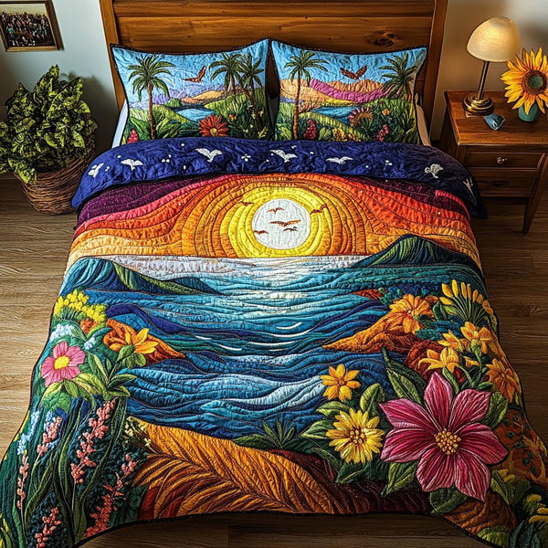 Tropical Hug quilted 3-piece bedding set on a made bed in a light coastal bedroom