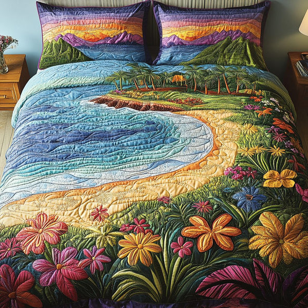 Tropical Joy quilted 3-piece bedding set on a made bed in a light coastal bedroom