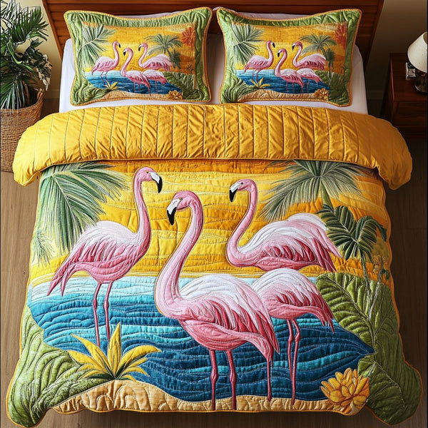 Tropical Kiss quilted 3-piece bedding set on a made bed in a light coastal bedroom