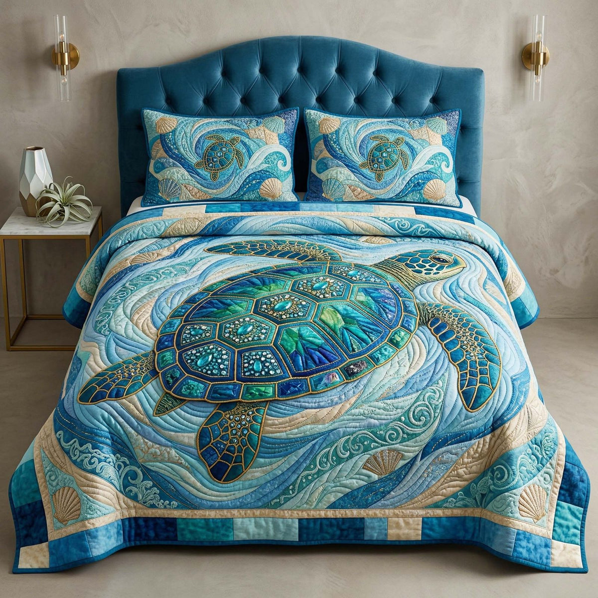 Tropical Mandala quilted 3-piece bedding set on a made bed in a light coastal bedroom