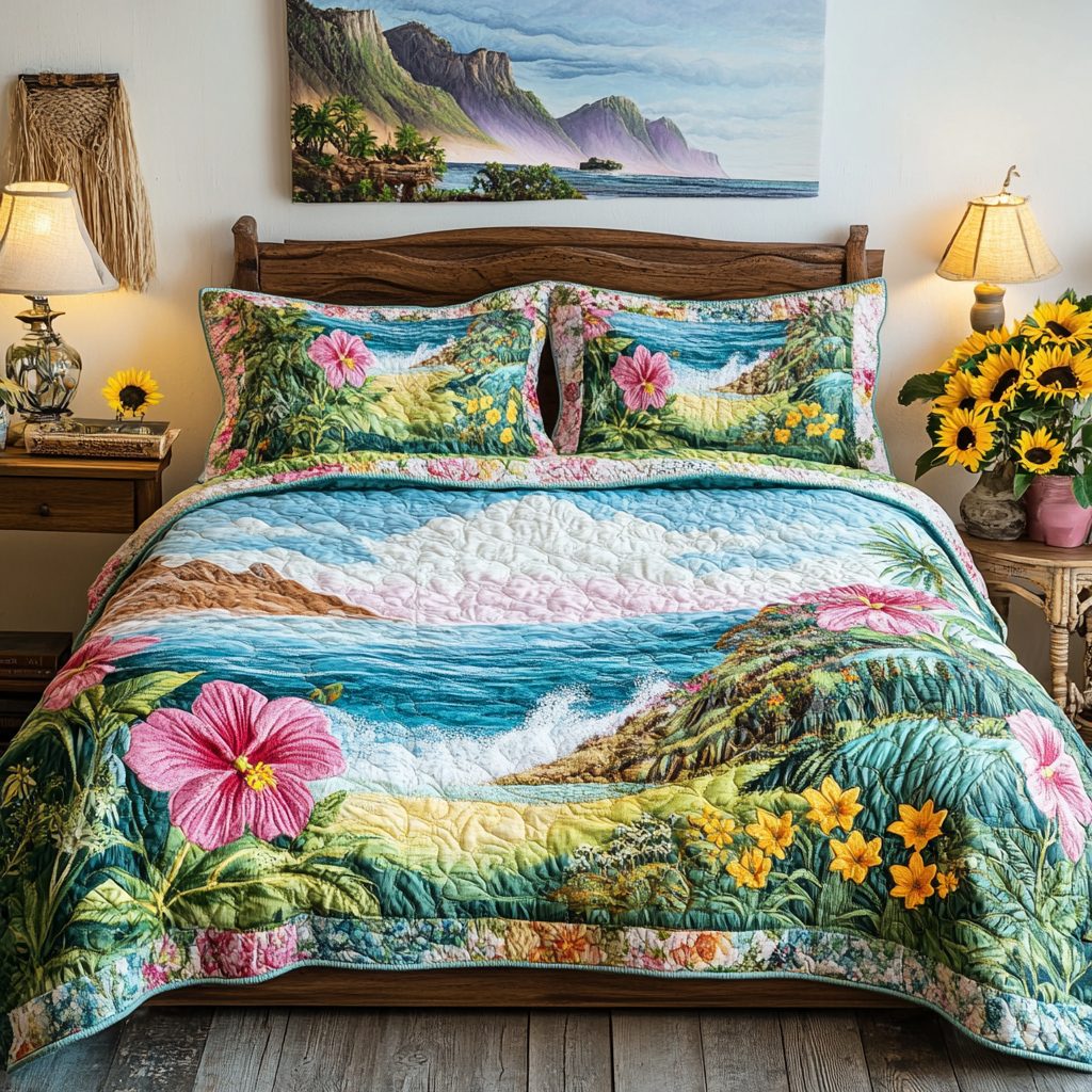 Tropical Oasis quilted 3-piece bedding set on a made bed in a light coastal bedroom