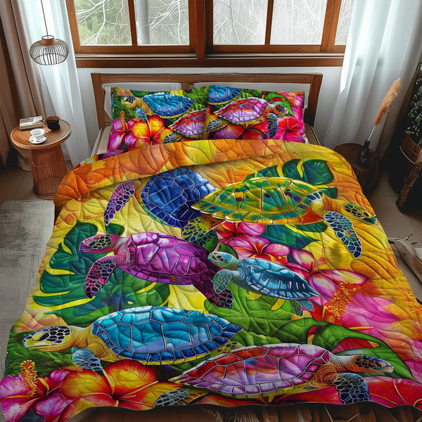 Tropical Paradise quilted 3-piece bedding set on a made bed in a light coastal bedroom
