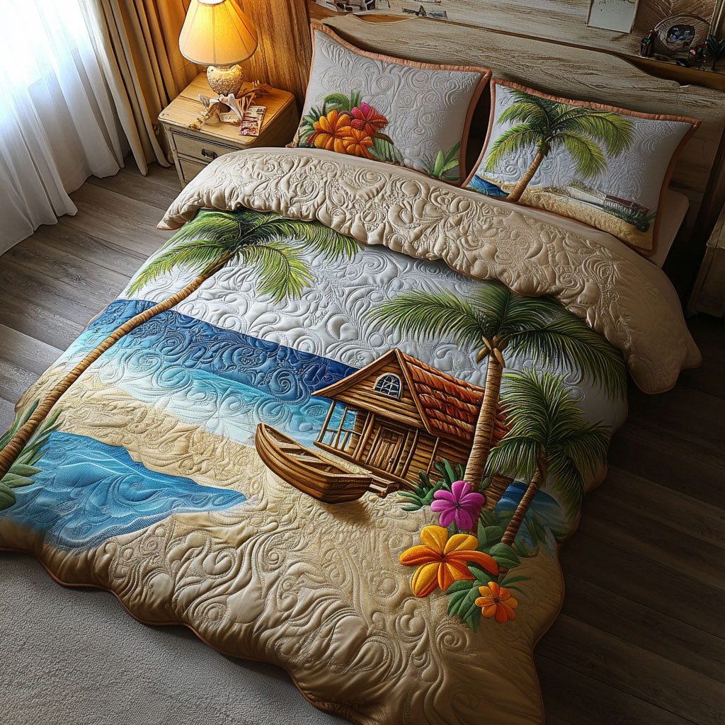 Tropical Paradise quilted 3-piece bedding set on a made bed in a light coastal bedroom