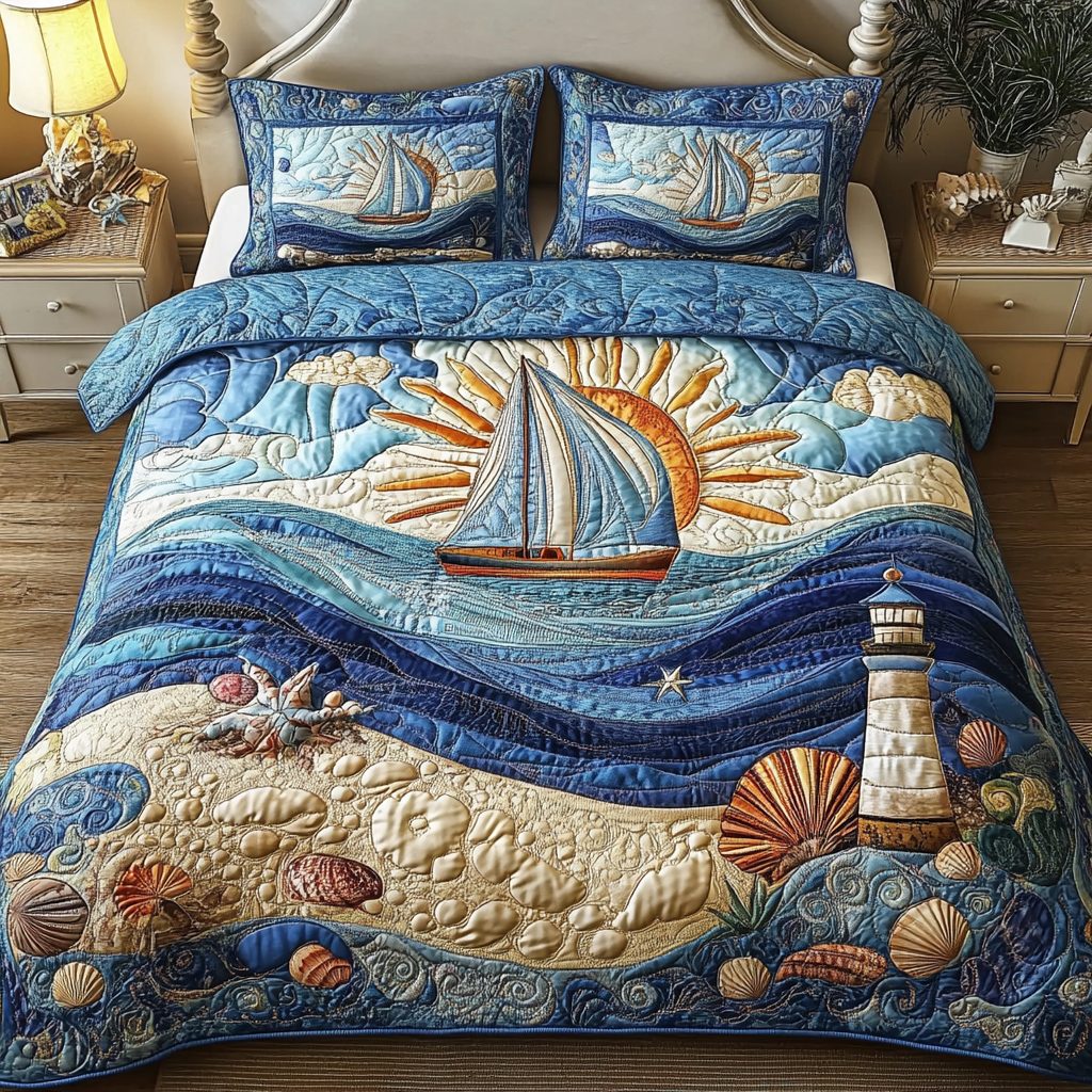Tropical Paradise quilted 3-piece bedding set on a made bed in a light coastal bedroom