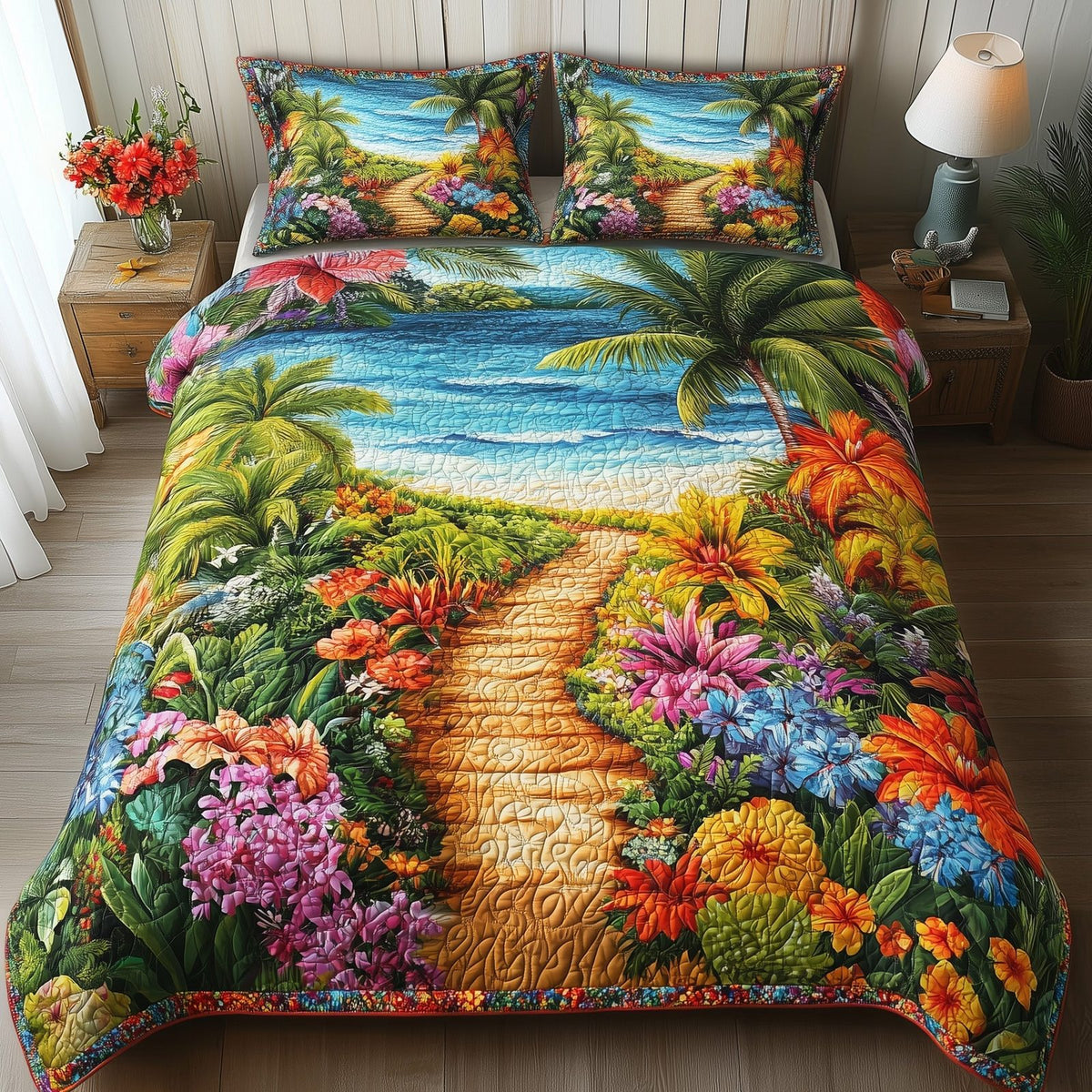 Tropical Path quilted 3-piece bedding set on a made bed in a light coastal bedroom