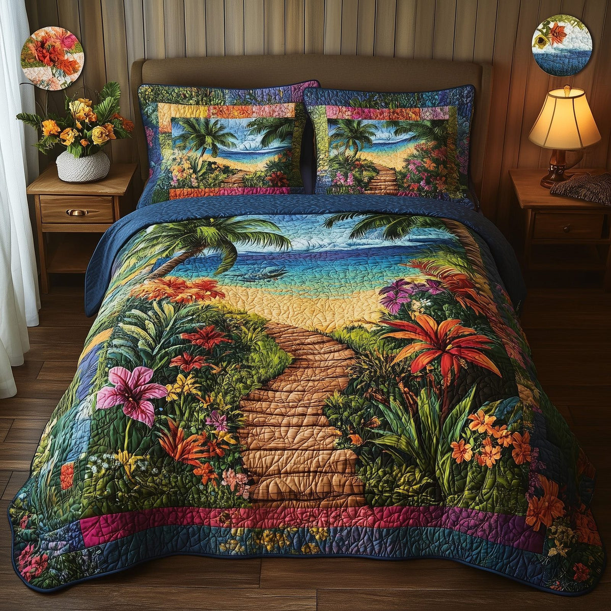 Tropical Path quilted 3-piece bedding set on a made bed in a light coastal bedroom