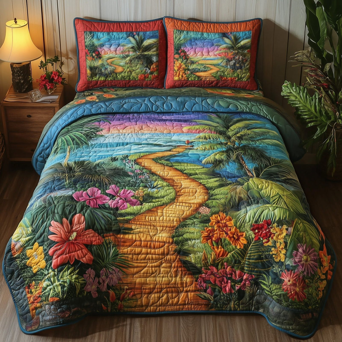 Tropical Path quilted 3-piece bedding set on a made bed in a light coastal bedroom