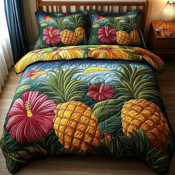 Tropical Pineapple Paradise quilted 3-piece bedding set on a made bed in a light coastal bedroom