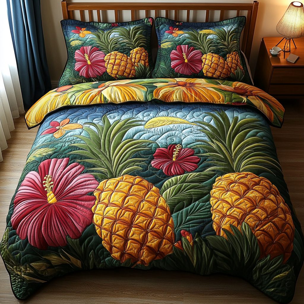 Tropical Pineapple Paradise quilted 3-piece bedding set on a made bed in a light coastal bedroom