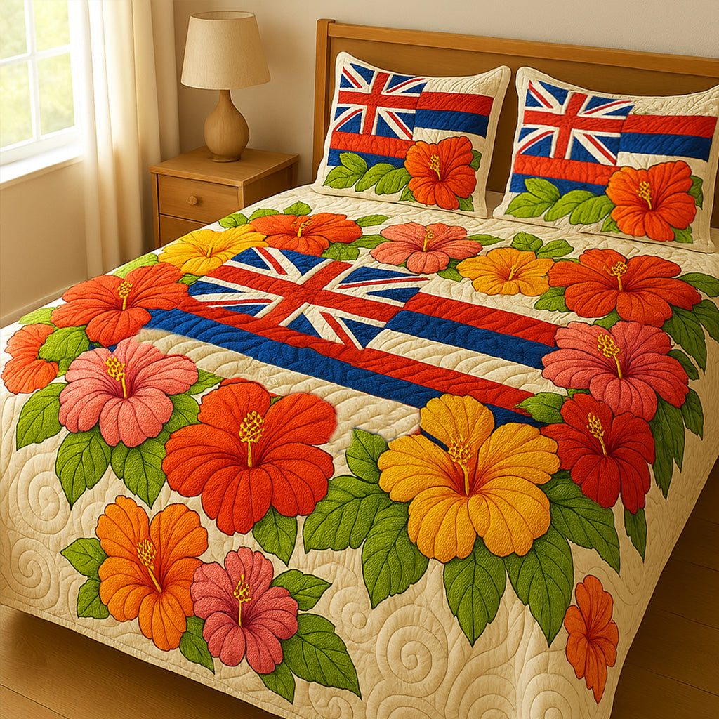 Tropical Pride quilted 3-piece bedding set on a made bed in a light coastal bedroom