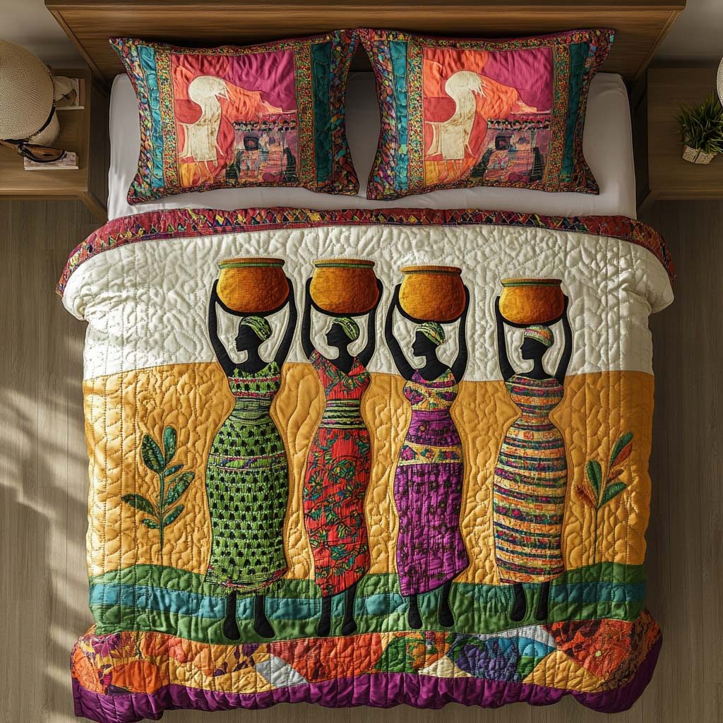 Tropical Radiance Line quilted 3-piece bedding set on a made bed in a light coastal bedroom