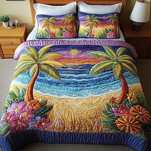Tropical Retreat quilted 3-piece bedding set on a made bed in a light coastal bedroom