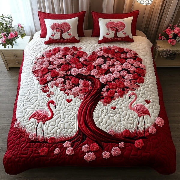 Tropical Romance quilted 3-piece bedding set on a made bed in a light coastal bedroom