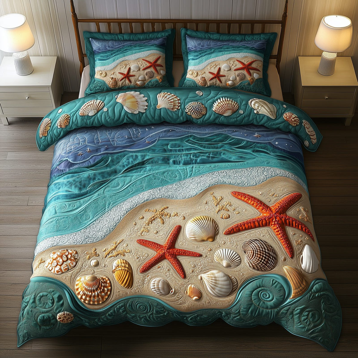Tropical Seashell Symphony quilted 3-piece bedding set on a made bed in a light coastal bedroom