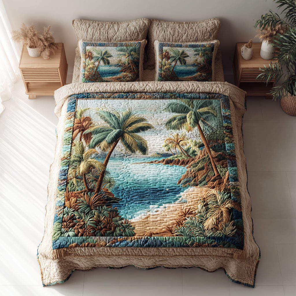 Tropical Shore quilted 3-piece bedding set on a made bed in a light coastal bedroom