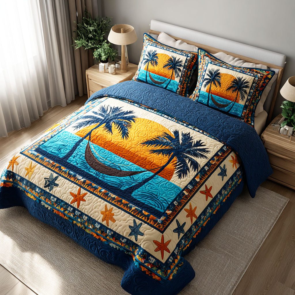 Tropical Shore quilted 3-piece bedding set on a made bed in a light coastal bedroom