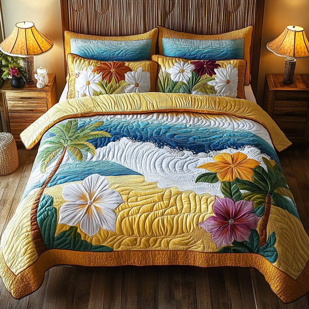 Tropical Shore quilted 3-piece bedding set on a made bed in a light coastal bedroom