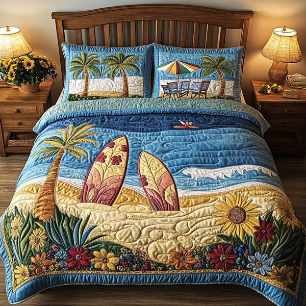 Tropical Shores quilted 3-piece bedding set on a made bed in a light coastal bedroom