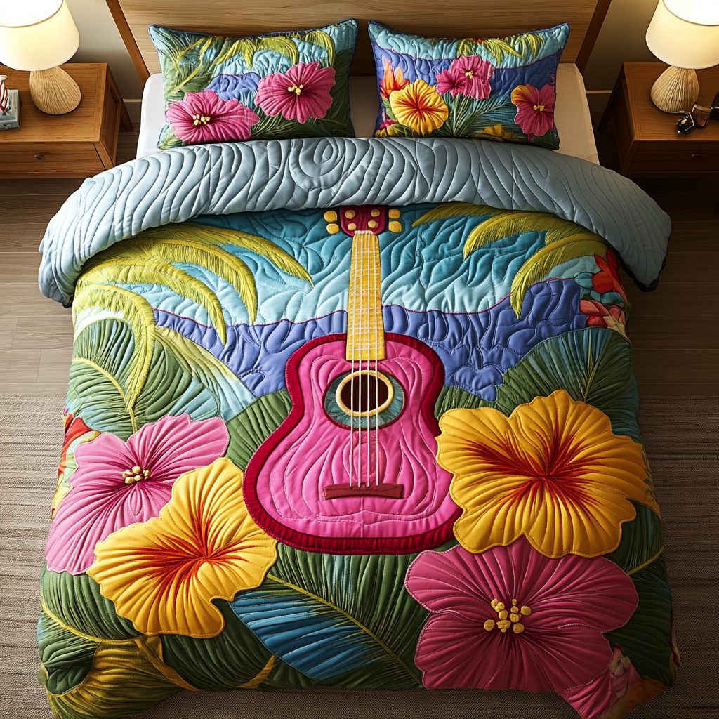 Tropical Strings quilted 3-piece bedding set on a made bed in a light coastal bedroom