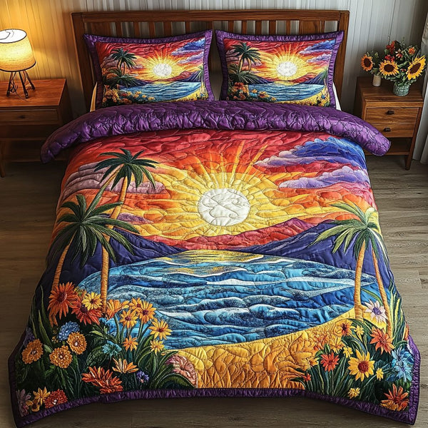 Tropical Sun quilted 3-piece bedding set on a made bed in a light coastal bedroom