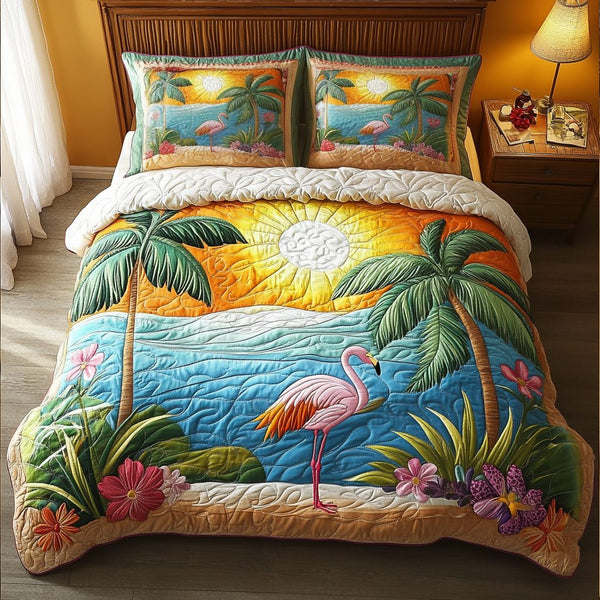 Tropical Sunrise quilted 3-piece bedding set on a made bed in a light coastal bedroom