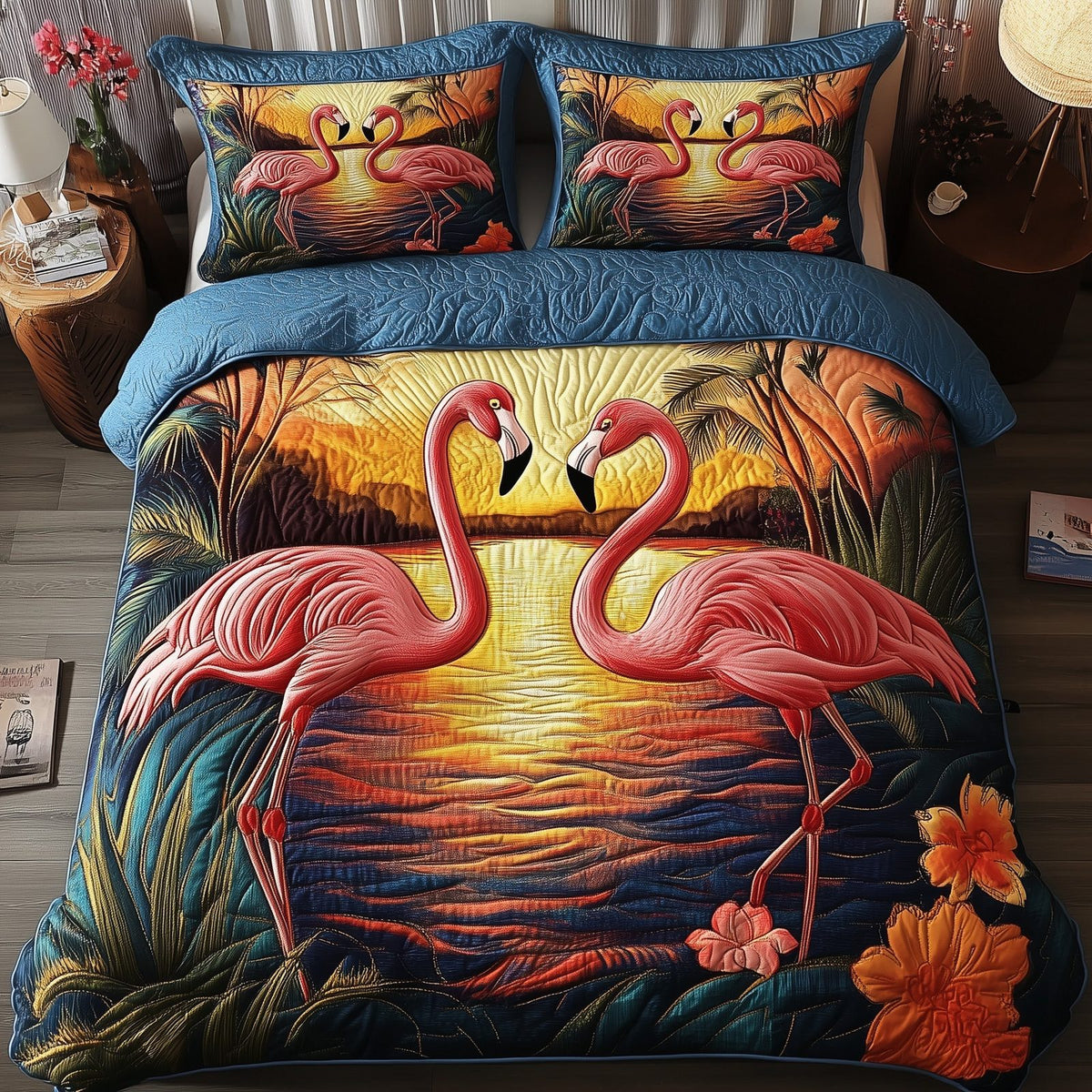 Tropical Sunset Flamingo quilted 3-piece bedding set on a made bed in a light coastal bedroom