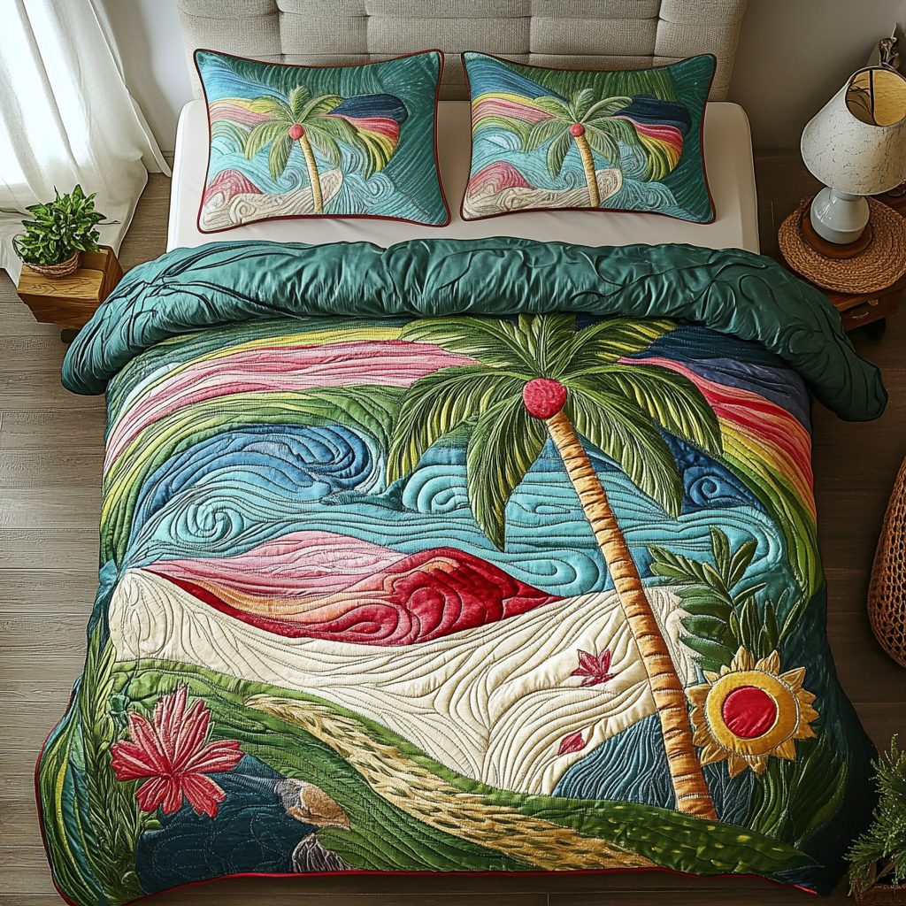 Tropical Sunset quilted 3-piece bedding set on a made bed in a light coastal bedroom