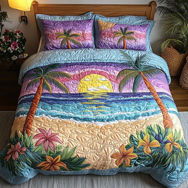 Tropical Sunset quilted 3-piece bedding set on a made bed in a light coastal bedroom