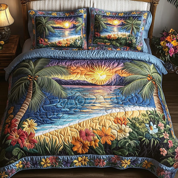 Tropical Sunset quilted 3-piece bedding set on a made bed in a light coastal bedroom
