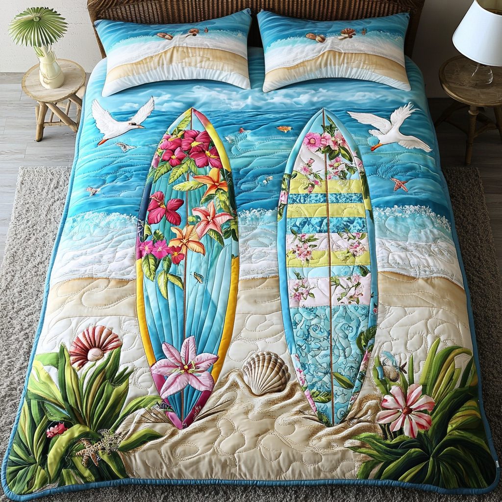 Tropical Surfboard quilted 3-piece bedding set on a made bed in a light coastal bedroom