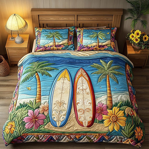 Tropical Surfer quilted 3-piece bedding set on a made bed in a light coastal bedroom
