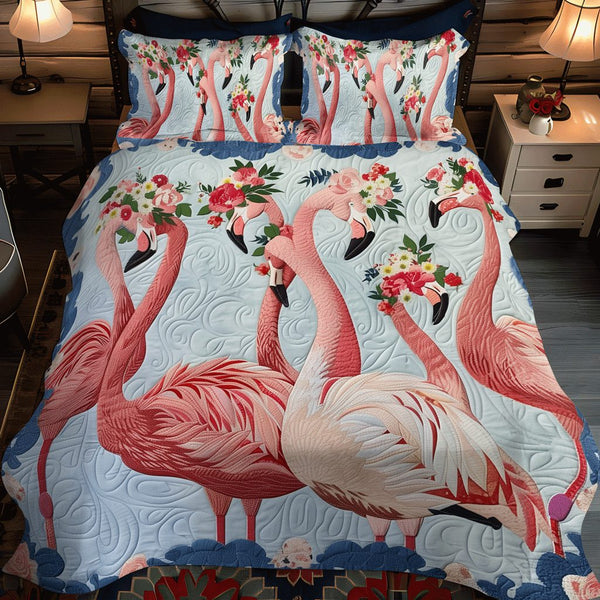 Tropical Tango quilted 3-piece bedding set on a made bed in a light coastal bedroom