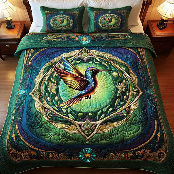 Tropical Tapestry quilted 3-piece bedding set on a made bed in a light coastal bedroom