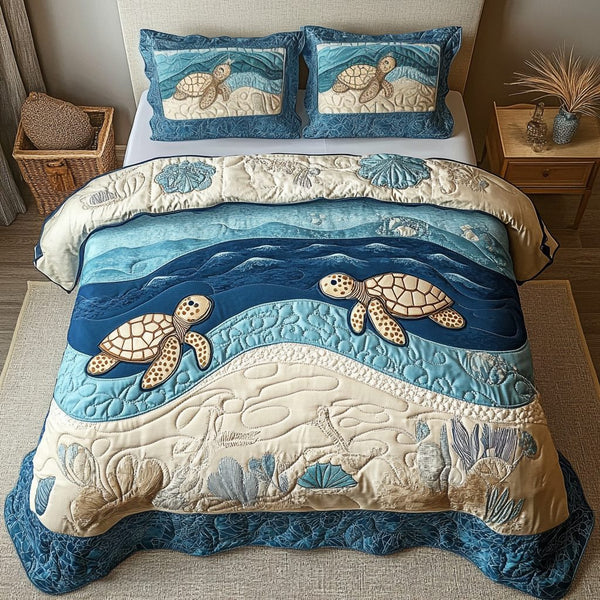 Tropical Tide quilted 3-piece bedding set on a made bed in a light coastal bedroom