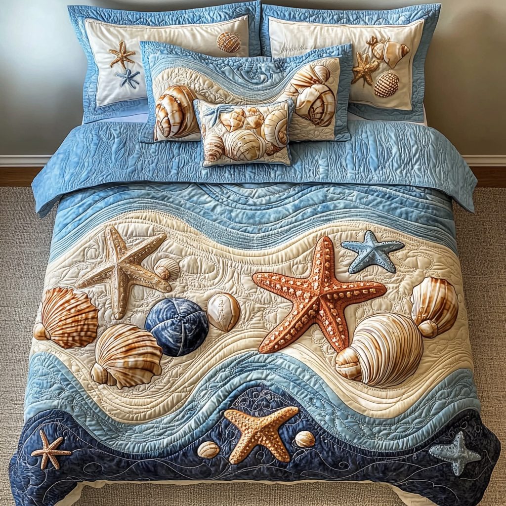 Tropical Tide quilted 3-piece bedding set on a made bed in a light coastal bedroom