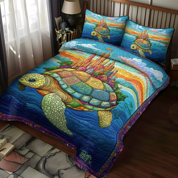 Tropical Tide Turtle quilted 3-piece bedding set on a made bed in a light coastal bedroom