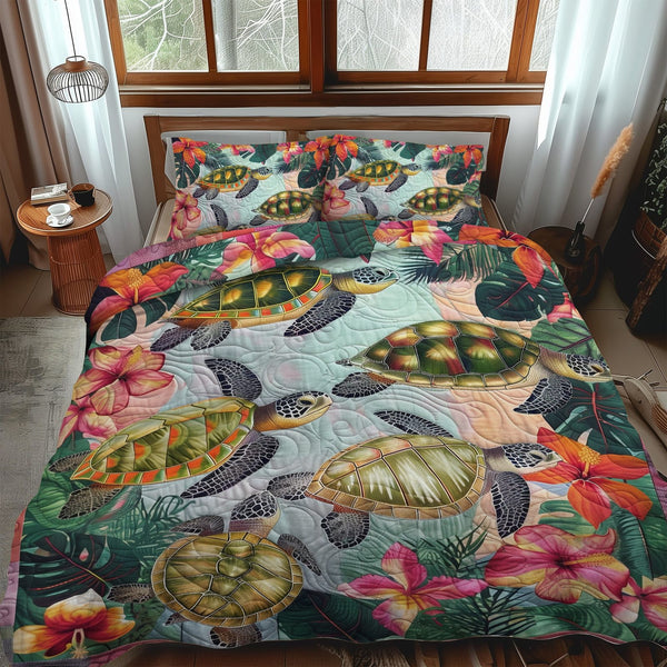 Tropical Tides quilted 3-piece bedding set on a made bed in a light coastal bedroom